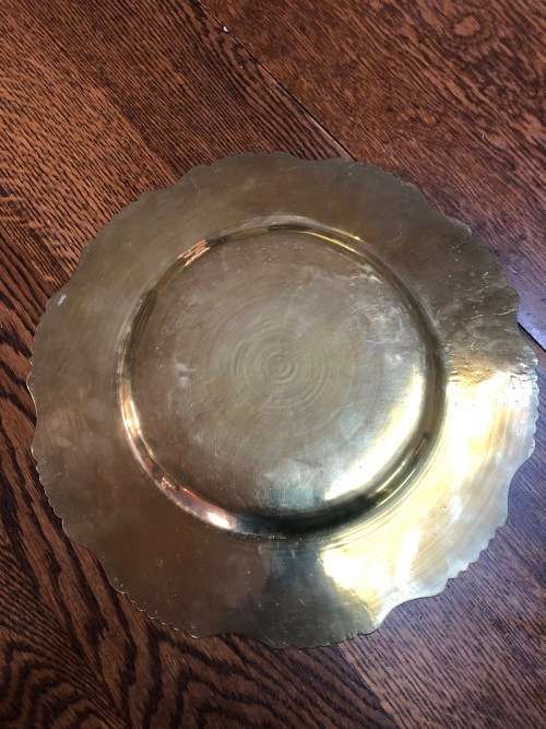 Solid brass decorative plate engraved with Japanese scene